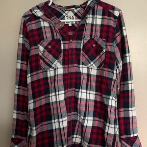 Tna Aritzia Hooded Plaid Shirt